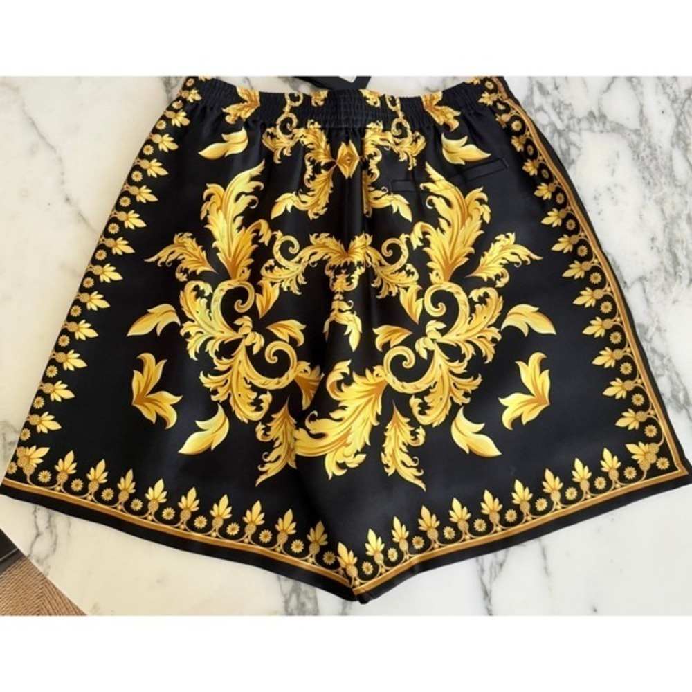 Versace 1010119 Mens 100%‎ Silk Leaf Print Shorts Black Gold Print, sz 50
